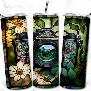 Modèle de conception de Sublimation de gobelet maigre 20 oz pour appareil photo, téléchargement numérique, gobelet droit Wrap PNG, vitrail PNG