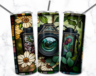 Camera Stained Glass 20oz Skinny Tumbler Sublimation Design Template, Digital Download Straight Tumbler Wrap PNG, Stained Glass PNG