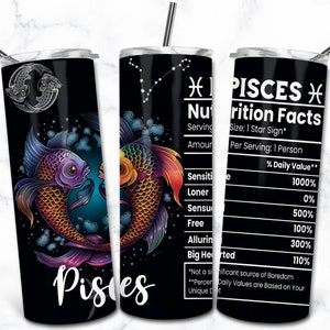 Design de sublimação de copo fino de 20 oz do zodíaco de peixes, nutrição do signo estelar, embalagem de copo astrológico PNG, astrólogo do signo celestial