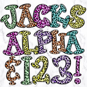 May include: Colorful letters in a leopard print design, spelling out "JACKS ALPHA $123!"