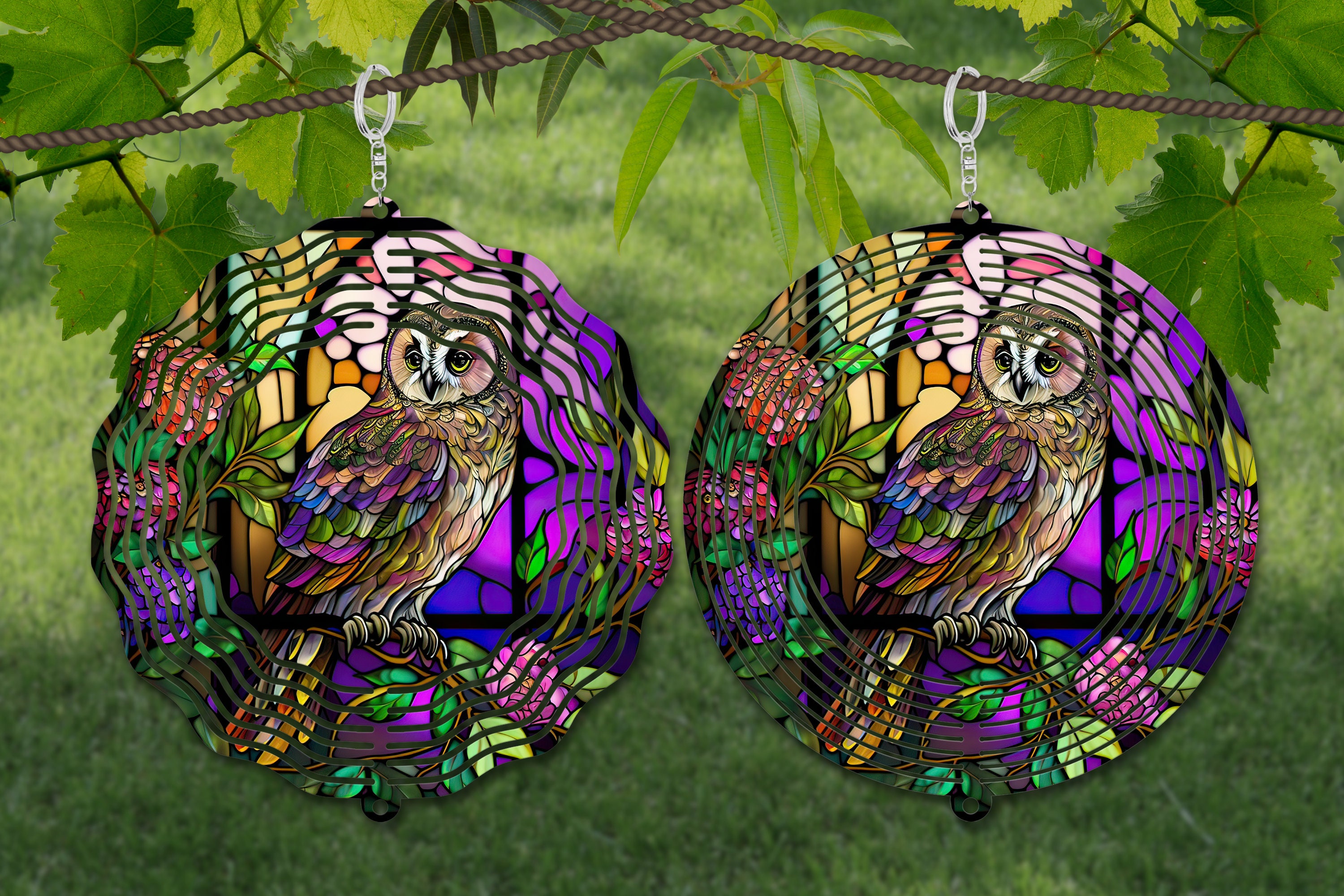 Owl Wind Spinner Stained Glass Sublimation Design Template, Wind Spinner SVG, 10 inch Round Sublimat