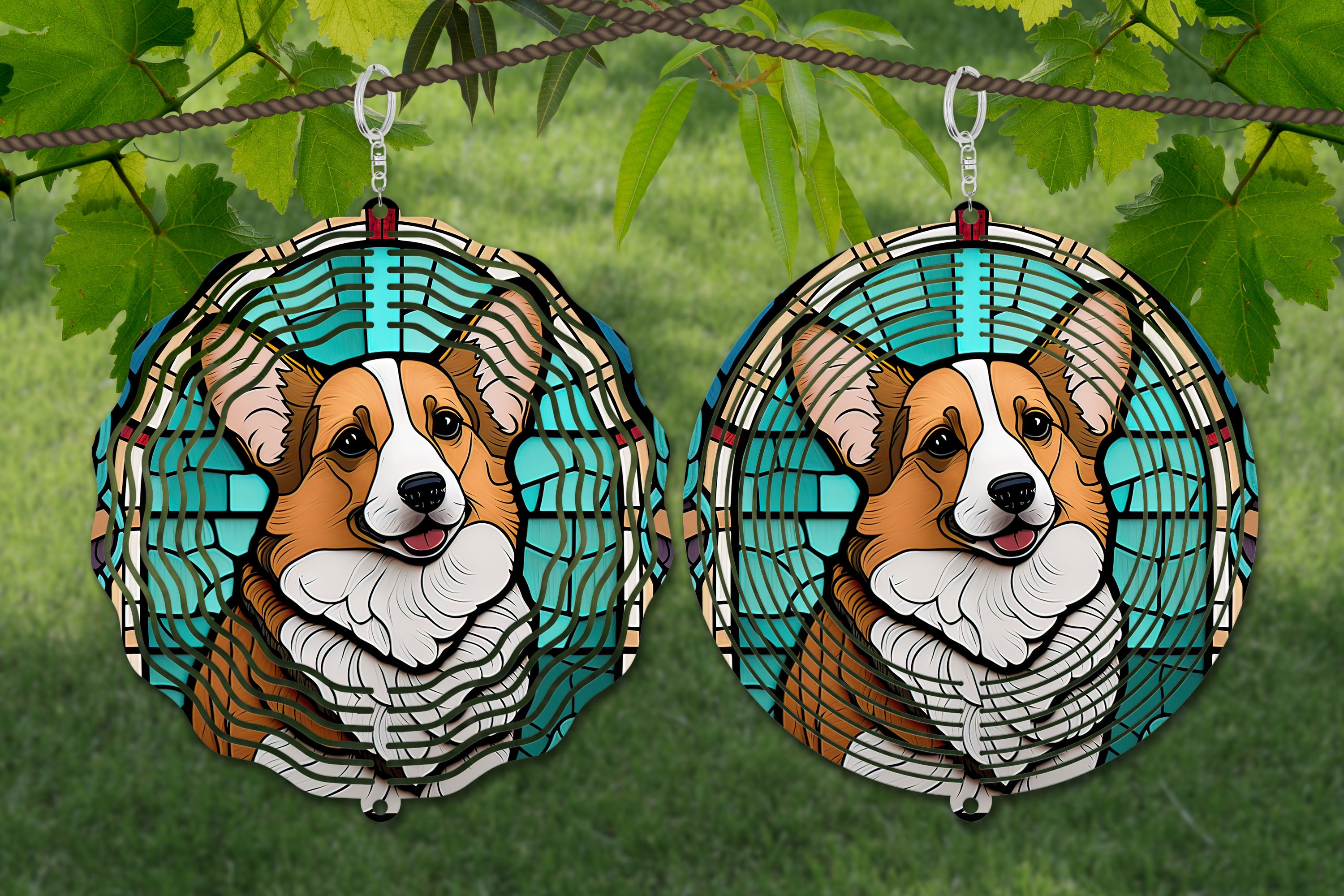 Corgi Wind Spinner Sublimation, Dog Wind Spinner SVG, cabide de porta redondo de 10 polegadas, design de montanha-russa, Suncatcher PNG, sinal de guirlanda PNG