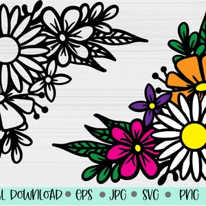 May include: Two black and white floral corner designs. The first design features a large daisy with smaller flowers and leaves. The second design features a large daisy with smaller flowers, leaves, and a purple flower.