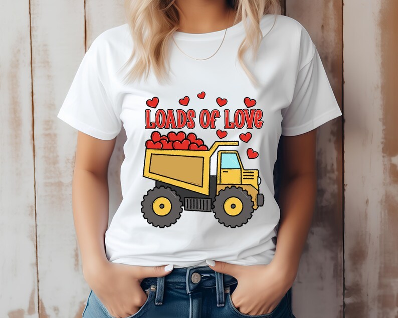 May include: White t-shirt with a yellow dump truck filled with red hearts and the text "Loads of Love".
