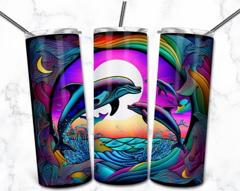Dolphin Stained Glass 20oz Skinny Tumbler Sublimation Design Template, Digital Download Straight Tumbler Wrap PNG, Stained Glass PNG