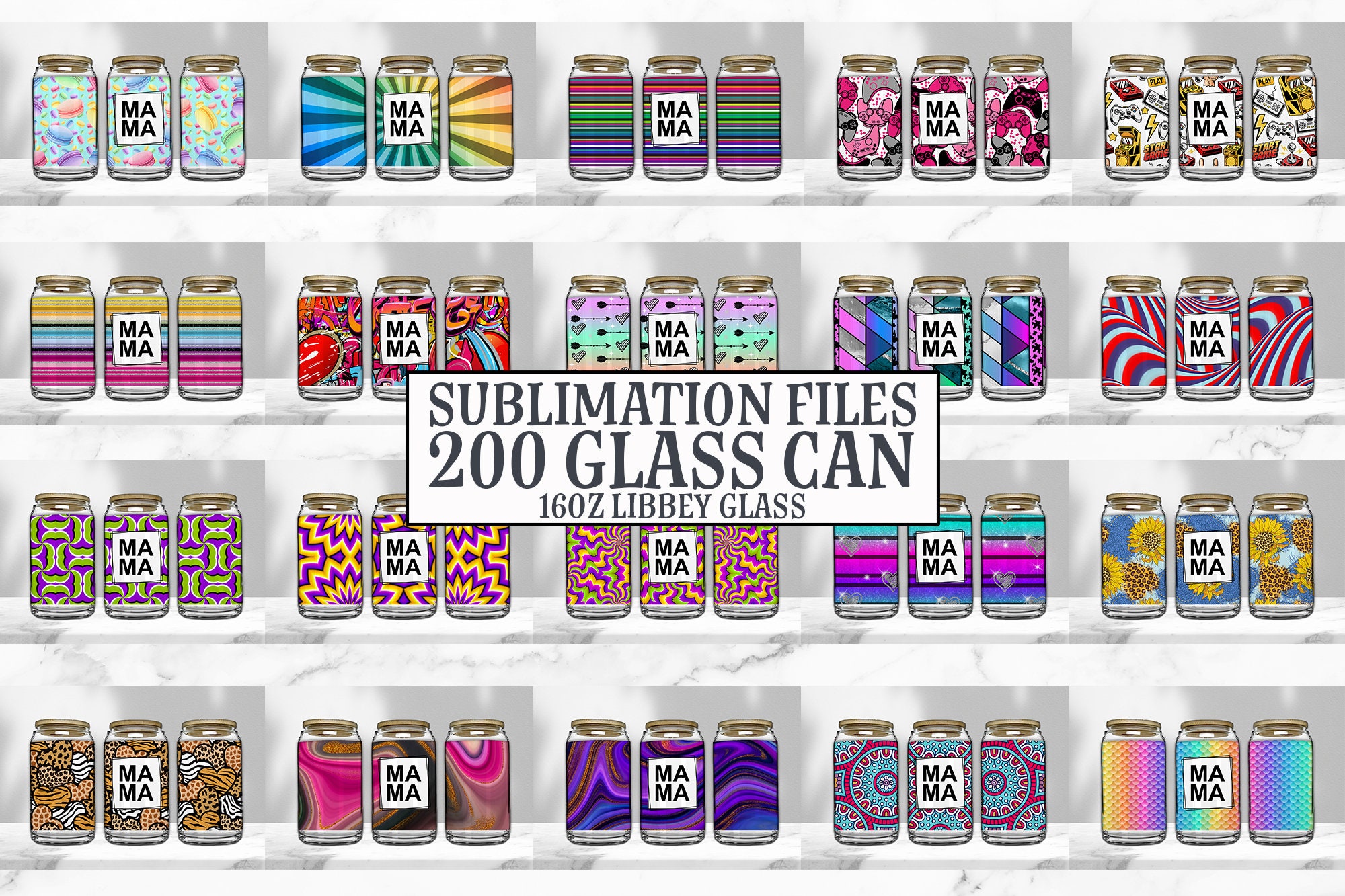 16oz Glass Can Tumbler Sublimation Design Bundle, Glass Can Wrap Png ...