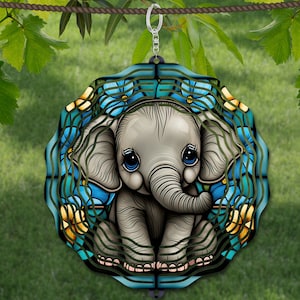 Modèle de conception de sublimation de vitrail hélice à vent éléphant, girouette SVG, sublimation ronde de 10 pouces, hélices suspendues rondes png,