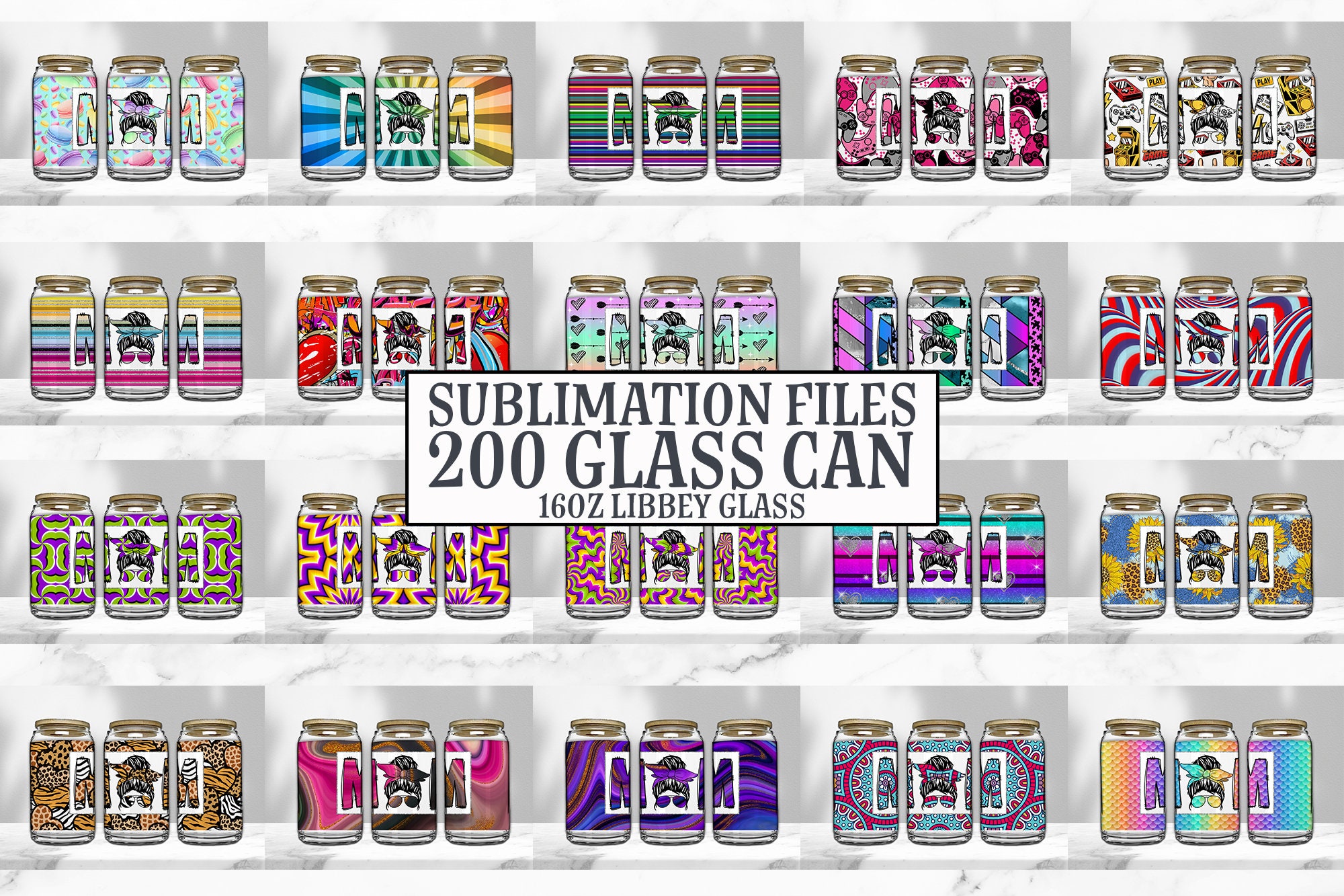 16oz Glass Can Tumbler Sublimation Design Bundle, Glass Can Wrap Png ...