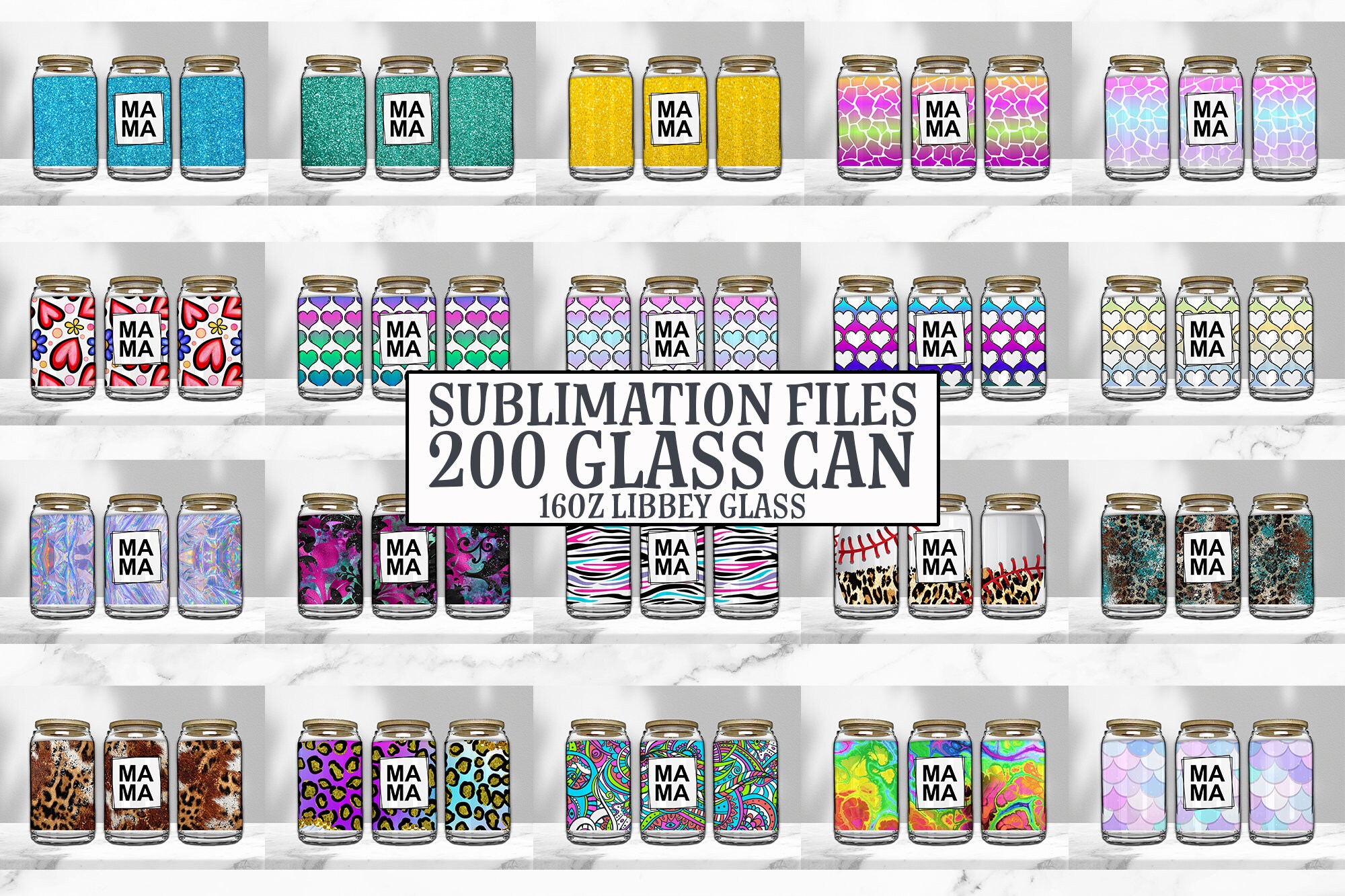 16oz Glass Can Tumbler Sublimation Design Bundle, Glass Can Wrap Png ...