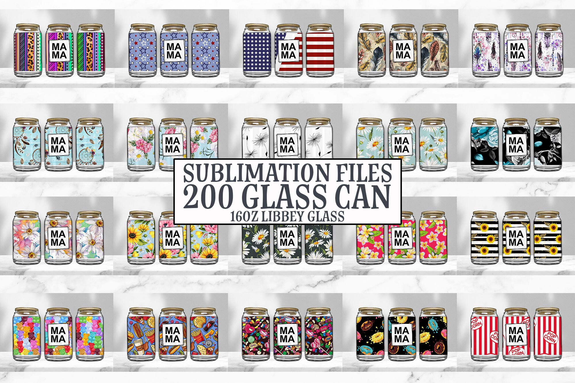 16oz Glass Can Tumbler Sublimation Design Bundle, Glass Can Wrap Png ...