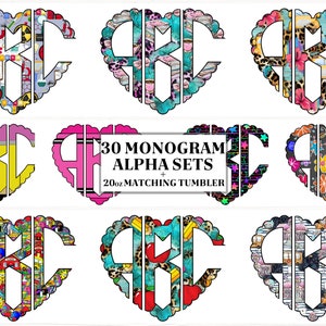 Pacote png de monograma de coração recortado, monograma PNG, copo correspondente png, alfabeto de monograma, iniciais png, fonte de monograma, monograma de sublimação