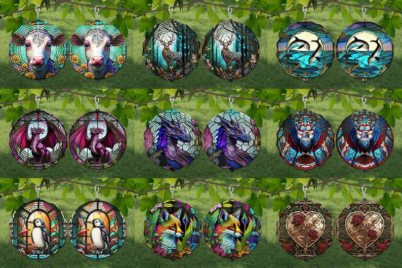 May include: A set of 12 pairs of stained glass earrings featuring various designs, including a cow, a deer, dolphins, a dragon, a bird, a fox, and a heart. The earrings are round and have a colorful, mosaic-like appearance.