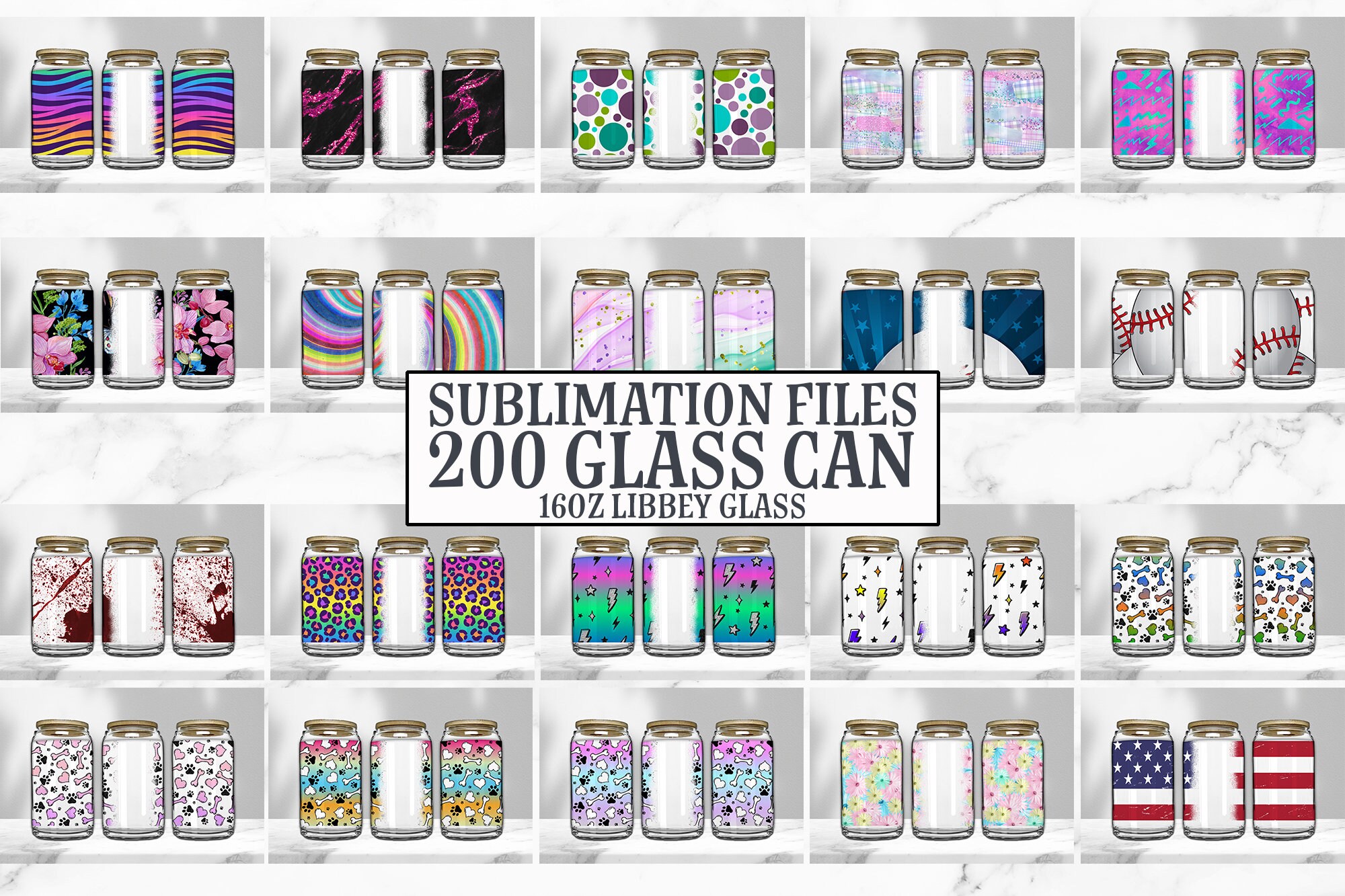 16oz Glass Can Tumbler Sublimation Design Bundle, Glass Can Wrap Png ...