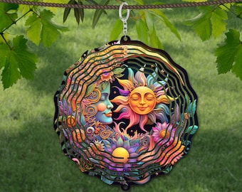 Sun and Moon Wind Spinner Watercolor Sublimation Design Template, Wind Spinner SVG, 10 inch Round Sublimation, Round Hanging Spinners png,