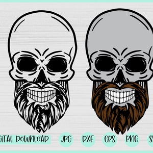Puede incluir: Una ilustración en blanco y negro de una calavera con barba marrón y una sonrisa de dientes. La calavera lleva barba y tiene una expresión traviesa.