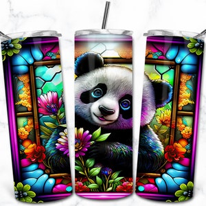 Panda Stained Glass 20oz Skinny Tumbler Sublimation Design Template, Téléchargement numérique, Vitrail PNG, Animal Nature Tumbler