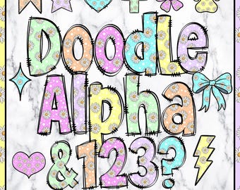 Daisy Doodle Letters Alphabet PNG Bundle, Flower Alphabet Clipart, Floral Hand Drawn Doodle, Popular Sublimation Alpha Set Designs PNG