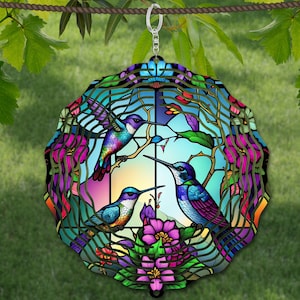 Plantilla de diseño de sublimación de vitrales con molinillo de viento de colibrí, molinillo de viento SVG, sublimación redonda de 10 pulgadas, molinillos colgantes redondos png,