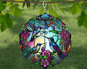 Hummingbird Wind Spinner Stained Glass Sublimation Design Template, Wind Spinner SVG, 10 inch Round Sublimation, Round Hanging Spinners png,