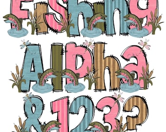 Fishing Floral Letters Alphabet PNG Alphabet Clipart Printable Alphabet Hand Drawn Doodle Bubble Letters Digital Alphabet Junk Journal Alpha