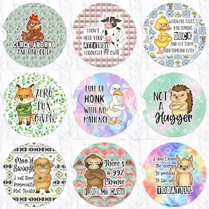 May include: Set of nine car coasters with various grumpy animal illustrations and humorous phrases. Designs include a chicken, cow, duck, fox, hedgehog, sloth, and a wolf. Each coaster is round with a small notch for easy removal.