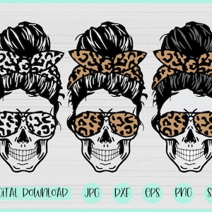 Leopard Mama Leben Schädel svg, Messy Bun Schädel svg, Mama Leben SVG, Schädel mit Sonnenbrille svg, Leopard Print, svg-Dateien für Cricut, silhouette