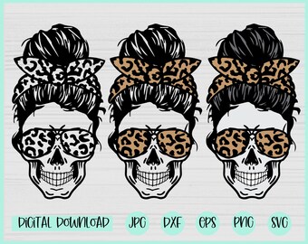 Leopardo mamma vita teschio svg, teschio panino spettinato svg, vita da mamma SVG, teschio con occhiali da sole Svg, stampa leopardata, file Svg per Cricut, silhouette