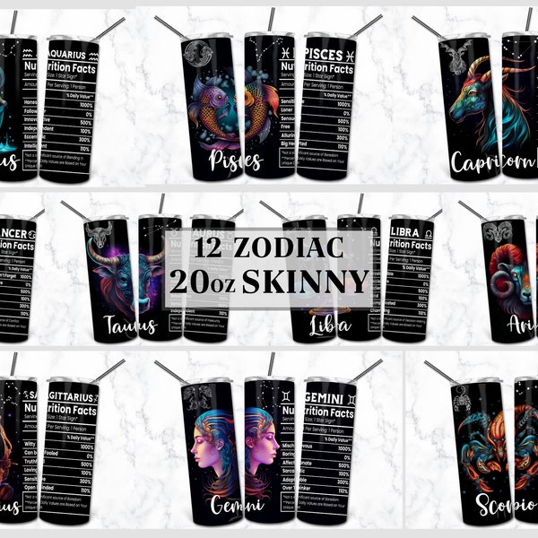 Zodiac Bundle 20 oz Skinny Tumbler Sublimation Design, Star Sign Nutrition Facts, Astrology Tumbler Wrap PNG, Celestial Signs Astrologer png