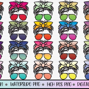 Könnte beinhalten: Set mit 20 digitalen Illustrationen einer Frau mit unordentlichem Haar, die ein Stirnband und eine Sonnenbrille trägt. Die Illustrationen sind in verschiedenen Farben, darunter Rot, Blau, Grün, Gelb und Lila.