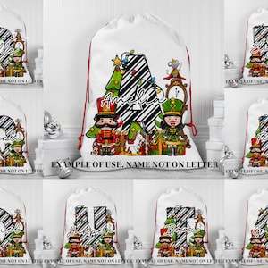 Carta de Navidad personalizada Santa Sack Doodle Cartas, Santa Stocking Cartas personalizadas para niños, Santa Sublimación Tote Navidad Doodle Alfabeto