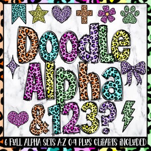 Leopard Doodle Letras Alfabeto PNG Bundle, Alfabeto Clipart, Chita Mão Desenhada Doodle, Popular Sublimation Alpha Set Designs PNG