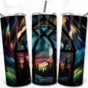 Northern Lights Stained Glass 20oz Skinny Tumbler Sublimation Design Template, Digital Download Straight Tumbler Wrap PNG, Stained Glass PNG
