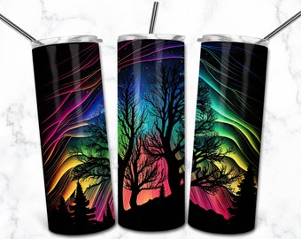 Neon Northern Lights 20oz Skinny Tumbler Sublimation Design Template, Alcohol Ink Digital Download Straight Tumbler, Nature Animal Tumbler