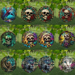 May include: Set of 12 colorful, round, stained glass ornaments featuring various animal and skull designs. Each ornament has a silver loop for hanging.