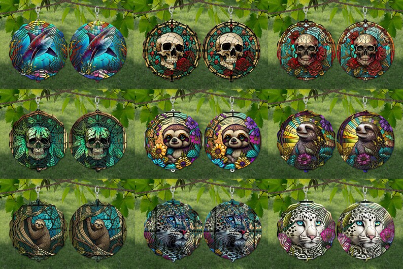May include: Set of 12 colorful, round, stained glass ornaments featuring various animal and skull designs. Each ornament has a silver loop for hanging.