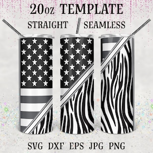 Puede incluir: Tres plantillas de vaso recto y sin costuras de 20 oz. El primer vaso tiene un diseño de bandera estadounidense en blanco y negro. El segundo vaso tiene un diseño de estampado de cebra en blanco y negro. El tercer vaso tiene un diseño de estampado de cebra en blanco y negro con una franja de bandera estadounidense en blanco y negro en la parte superior.