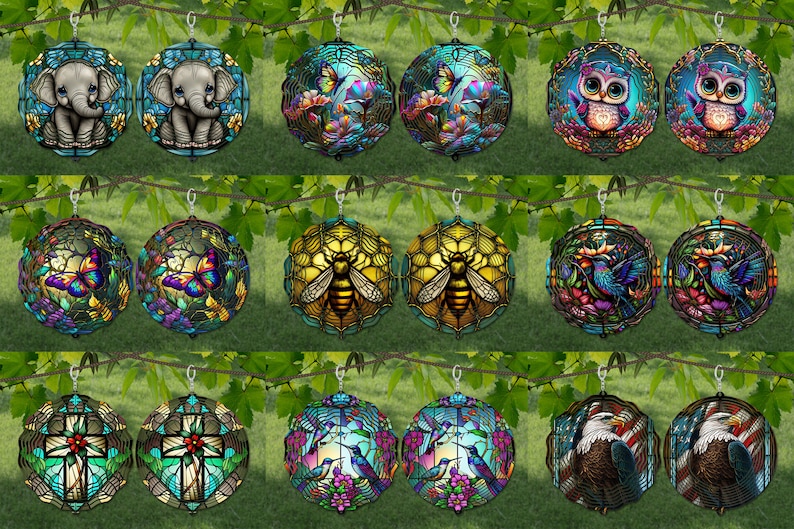 May include: Set of 12 stained glass ornaments featuring various designs, including butterflies, bees, birds, owls, and elephants. Each ornament is suspended from a silver hook and has a black wire frame.