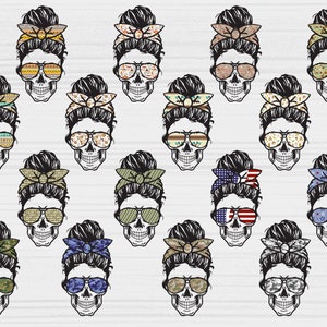 May include: A set of 18 digital clip art images featuring a skull with a messy bun and sunglasses. Each skull has a different patterned bandana and sunglasses.