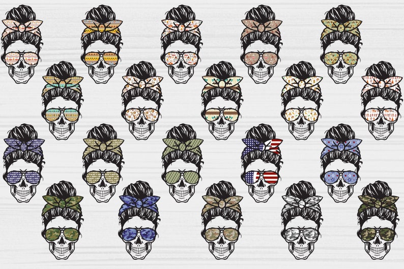May include: A set of 18 digital clip art images featuring a skull with a messy bun and sunglasses. Each skull has a different patterned bandana and sunglasses.