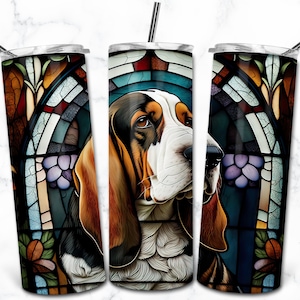 Basset Hound Stained Glass 20oz Skinny Tumbler Sublimation Design Template, Digital Download, Stained Glass Dog PNG, Pet Lovers Wrap