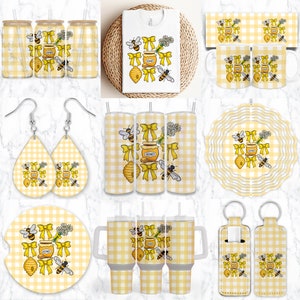 Coquette Bee Sublimatie Design, Honey Wind Spinner, Ribbon Tumbler Wrap, Bow T-shirt Design, Luchtverfrisser Auto Coaster Skinny Lippenbalsem