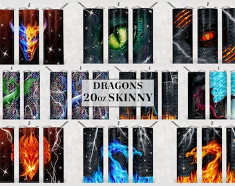 Dragon 20oz Skinny Tumbler Sublimation Designs Bundle, Waterslide Dragon Straight Skinny Tumbler uv dtf, Dragon Sublimation files