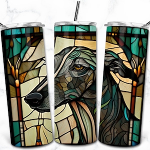 Modèle de conception de sublimation de verre teinté lévrier 20 oz gobelet maigre, téléchargement numérique, vitrail chien PNG, emballage pour amoureux des animaux de compagnie