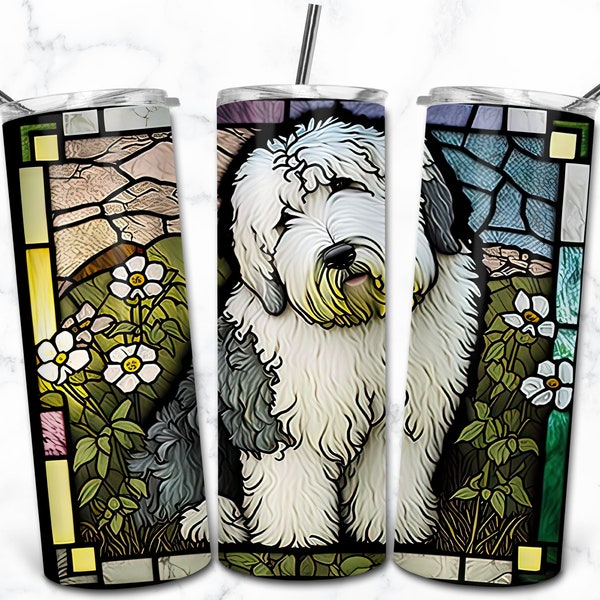 Old English Sheepdog Stained Glass 20oz Skinny Tumbler Sublimation Design Template, Digital Download, Stained Glass Dog PNG, Pet Lovers Wrap