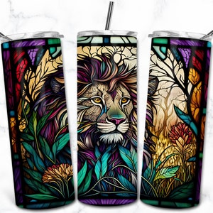 Lion Stained Glass 20oz Skinny Tumbler Sublimation Design Template, Téléchargement numérique, Vitrail PNG, Animal Nature Tumbler