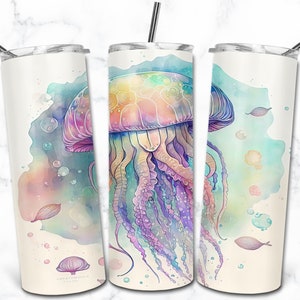 Méduse aquarelle 20 oz Skinny Tumbler Sublimation modèles de conception, téléchargement numérique Straight Tumbler Wrap PNG, Nature Animal Tumbler