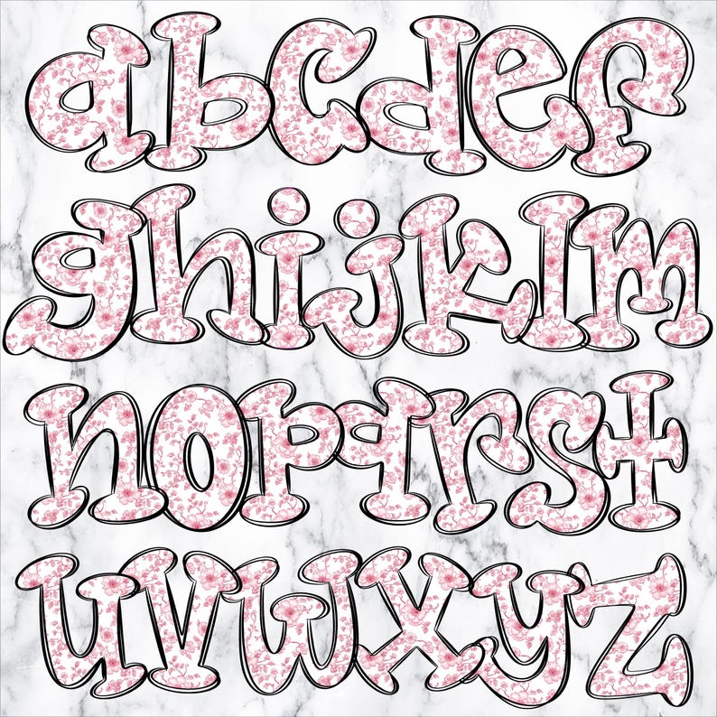 Chinoiserie Floral Doodle Letters PNG Bundle, Pink Toile Alpha Clipart ...