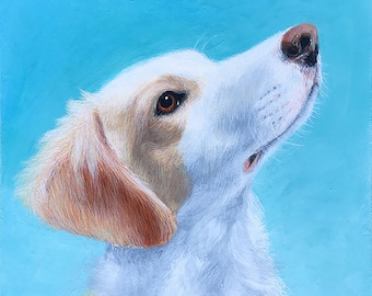 May include: Painting of a white and tan dog with brown eyes looking up. The dog is painted against a light blue background.