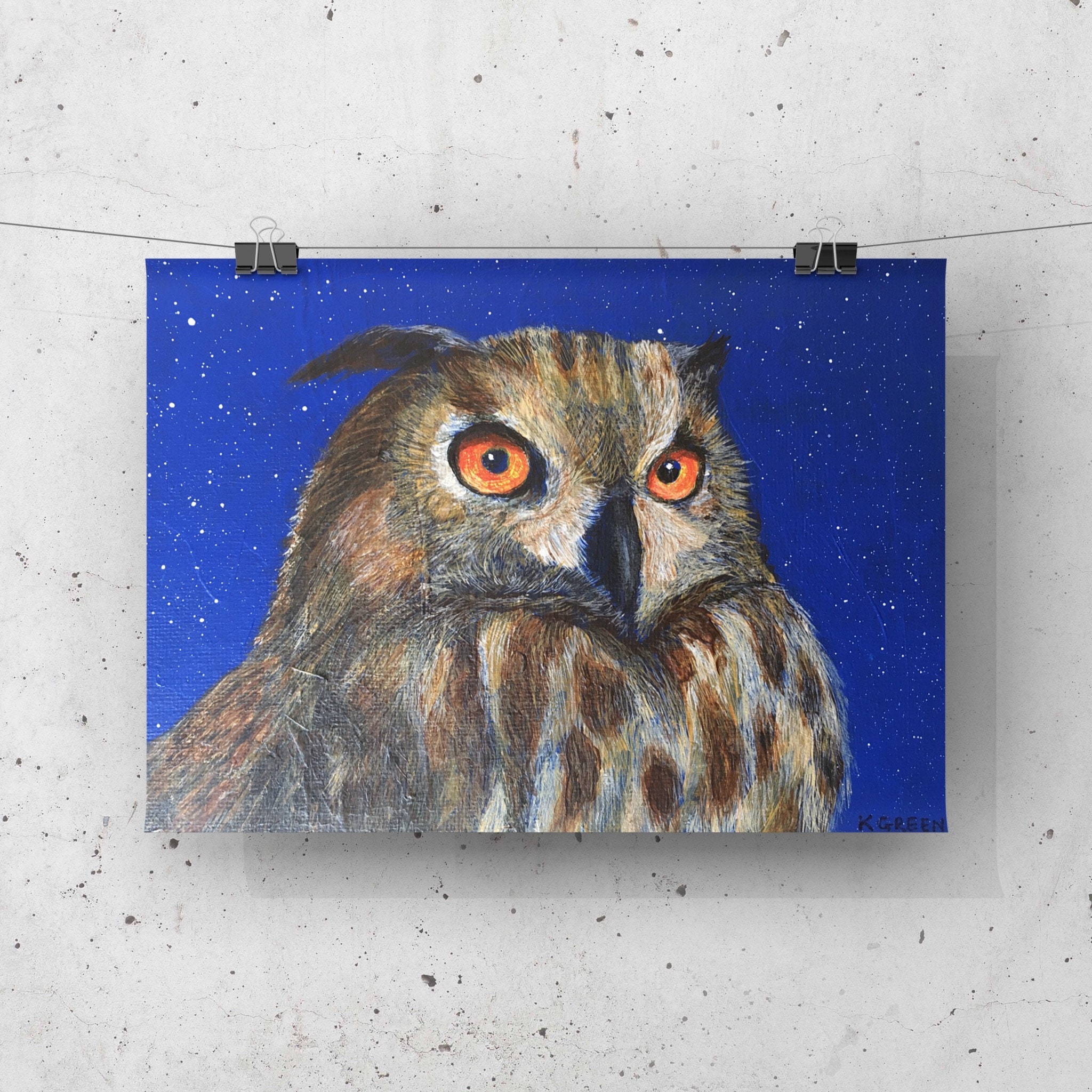 Acrylic painting of an eagle owl, small original contemporary Scottish artwork, perfect for home dec