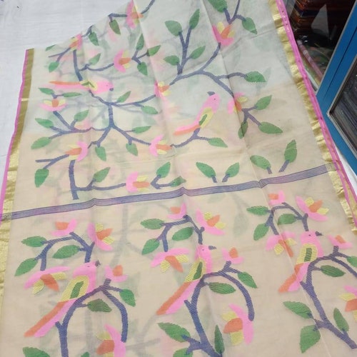 Pure reshom by shops reshom silk maslin handwoven jamdani work saree with blouse piece soft sari for women